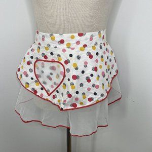 Vintage Farmhouse Half Apron Sheer White Red Yellow Polka Dot Heart Pocket